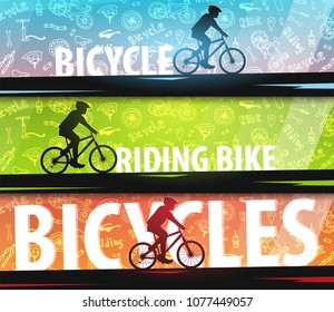 Set of Bicycle riding banners with doodle background. Sport, active lifestyle. Vector illustration