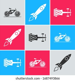 Set Bicycle, Rocket ship with fire and Formula race car icon. Vector