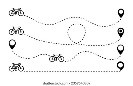 Set of bicycle route from start and finish. Way with point to point. Map with ciclist route. Bike and pin.