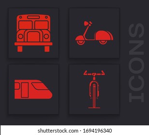 Set Bicycle, School Bus, Scooter and Train icon. Vector