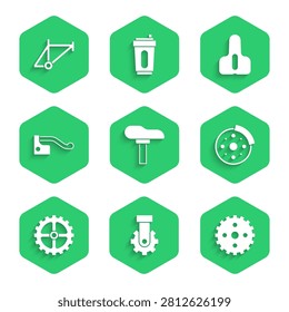Set Bicycle seat, Derailleur bicycle rear, sprocket crank, brake disc,  and frame icon. Vector