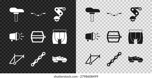 Set Bicycle seat, handlebar, Derailleur bicycle rear, frame, chain, shoes, head lamp and pedal icon. Vector