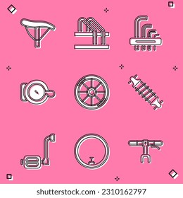 Set Bicycle seat, parking, Tool allen keys, bell, wheel, suspension, pedal and  icon. Vector