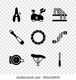 Set Bicycle seat, Stationary bicycle, parking, bell, Screwdriver,  and wheel tire icon. Vector