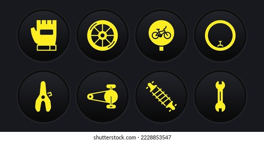 Set Bicycle seat, wheel, chain with gear, suspension, Wrench spanner and Gloves icon. Vector