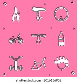 Set Bicycle seat, wheel, handlebar, Sport bottle with water, for kids and frame icon. Vector