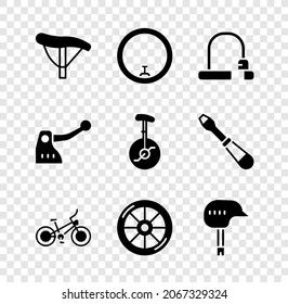 Set Bicycle seat, wheel, lock, helmet, brake and Unicycle or one bicycle icon. Vector