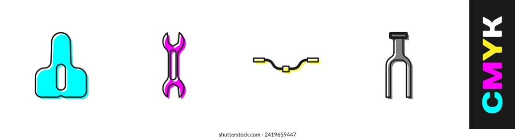 Coloque el asiento de bicicleta, el protector de llave, el manillar y el icono de la horquilla. Vector