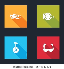 Set Bicycle shoes, bell, Unicycle or one wheel bicycle and Sport cycling sunglasses icon. Vector