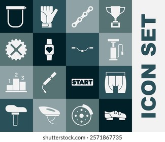 Set Bicycle shoes, Cycling shorts, air pump, chain, Smart watch, sprocket crank, lock and handlebar icon. Vector