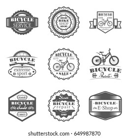 Set of bicycle shop, rent, service, sale, club, repair in monochrome style logos, emblems, labels and badges. Set of vector templates isolated on white background