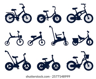 Set bicycle silhouettes for children. Different kids transport, tricycle vehicle. Active games for boy and girls. Healthy lifestyle and childish activity. Vector black flat isolated illustration