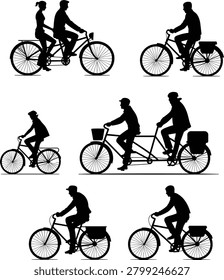 Set of bicycle silhouettes featuring people riding tandem bikes, city bicycles with panniers, and urban commuters on white background.