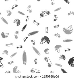 Set Bicycle, Skateboard trick, Helmet and Surfboard on seamless pattern. Vector