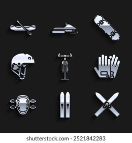 Set Bicycle, Ski and sticks, Gloves, Knee pads, Helmet, Skateboard trick and Rafting boat icon. Vector