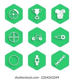 Ajuste la bicicleta, el reloj inteligente, la cadena, con el engranaje, la rueda, la camiseta ciclista y el icono del disco de freno. Vector