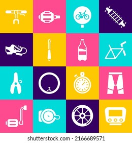 Set Bicycle speedometer, Cycling shorts, frame, Screwdriver, shoes, handlebar and Sport bottle with water icon. Vector