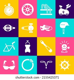 Set Bicycle sprocket crank, bell, helmet, parking, chain with gear, pedal, Stopwatch and shoes icon. Vector