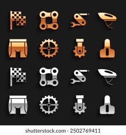 Set Bicycle sprocket crank, helmet, seat, Derailleur bicycle rear, Cycling shorts, Swiss army knife, Checkered flag and chain icon. Vector