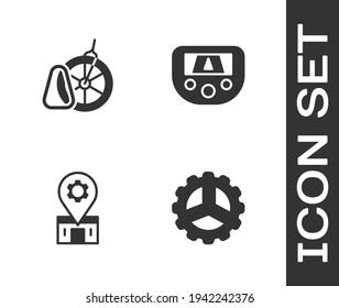Set Bicycle sprocket crank, parking, repair service and Gps device with map icon. Vector