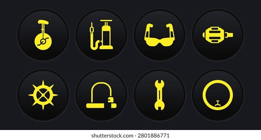 Set Bicycle sprocket crank, pedal, lock, Wrench spanner, Sport cycling sunglasses, air pump, wheel and Unicycle one bicycle icon. Vector