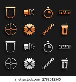 Set Bicycle sprocket crank, Ribbon in finishing line, Sport bottle with water, chain, wheel, Stopwatch, lock and head lamp icon. Vector