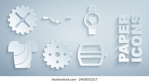 Set Bicycle sprocket crank, Smart watch, Cycling t-shirt, pedal, handlebar and  icon. Vector