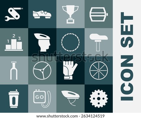 Set Bicycle sprocket crank, wheel, seat, Award cup with bicycle, helmet, over sports winner podium, Swiss army knife and  icon. Vector
