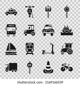 Set Bicycle, Tractor, Cruise ship, Road traffic signpost, Bus, Taxi car and Police and flasher icon. Vector