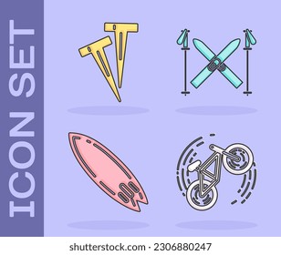 Set Bicycle trick, Pegs for tents, Surfboard and Ski and sticks icon. Vector