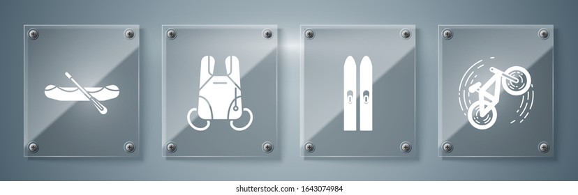 Set Bicycle trick, Ski and sticks, Parachute and Rafting boat. Square glass panels. Vector