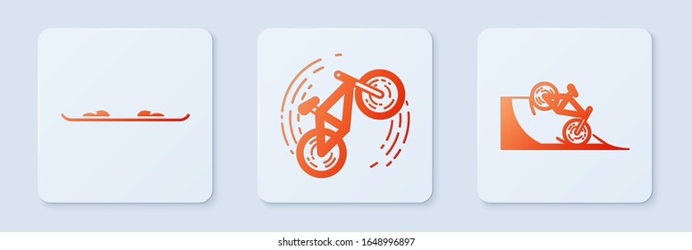 Set Bicycle trick, Snowboard and Bicycle on street ramp. White square button. Vector