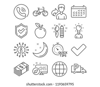 Set of Bicycle, Truck parking and Calendar icons. Creativity, Tick and Usd currency signs. Education, Quick tips and Globe symbols. Bike, Free park, Business audit. Vector