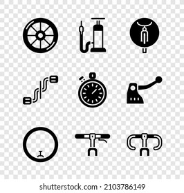Set Bicycle wheel, air pump, handlebar, pedals and Stopwatch icon. Vector