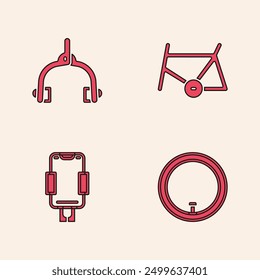 Set Bicycle wheel, brake calipers, frame and Mobile holder icon. Vector