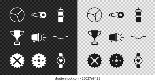 Set Bicycle wheel, chain with gear, Sport bottle water, sprocket crank, Smart watch, Award cup bicycle and head lamp icon. Vector