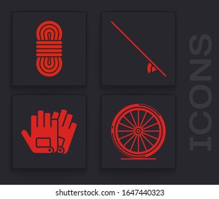 Set Bicycle wheel, Climber rope, Surfboard and Gloves icon. Vector