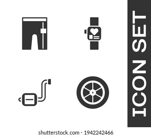 Set Bicycle wheel, Cycling shorts, pedal and Smart watch icon. Vector
