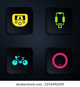 Set Bicycle wheel, Gps device with map,  and Mobile holder. Black square button. Vector