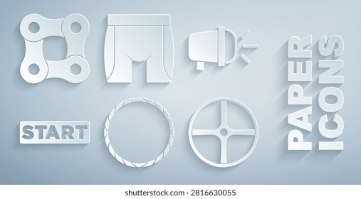 Set Bicycle wheel, head lamp, Ribbon in finishing line, Cycling shorts and chain icon. Vector