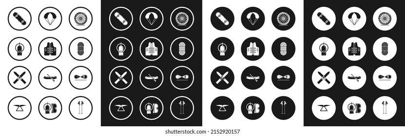 Set Bicycle wheel, Life jacket, Aqualung, Skateboard trick, Climber rope, Parachute,  and Ski and sticks icon. Vector