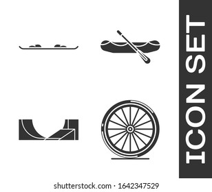Set Bicycle wheel, Snowboard, Skate park and Rafting boat icon. Vector