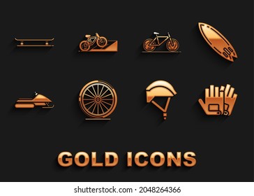 Set Bicycle wheel, Surfboard, Gloves, helmet, Snowmobile, Skateboard and on street ramp icon. Vector