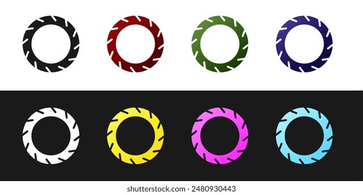 Set Bicycle wheel tire icon isolated on black and white background. Bike race. Extreme sport. Sport equipment.  Vector