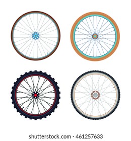 Set of bicycle wheels. Road and Mountain bike wheels and tires.