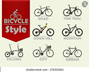 set of bicycle which consist of mountain bike,road bike,downhill bike,urban bike,city bike,time trial bike and folding bike