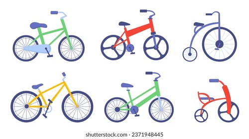 El concepto de bicicletas. Colorido transporte ecológico. Estilo de vida activo y deporte. Viaje y viaje. Ciclos rojos, amarillos y verdes. Colección vectorial plana de dibujos animados aislada en fondo blanco