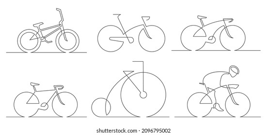 Set of bicycles - continuous line drawing. Vector illustration.