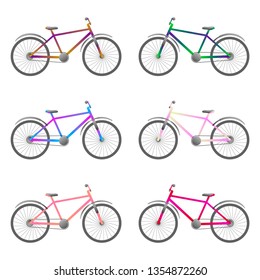Set of bicycles with different coloring. Vector on white background