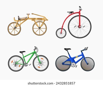 Set of bicycles from different times on a white background. Vector realistic illustration